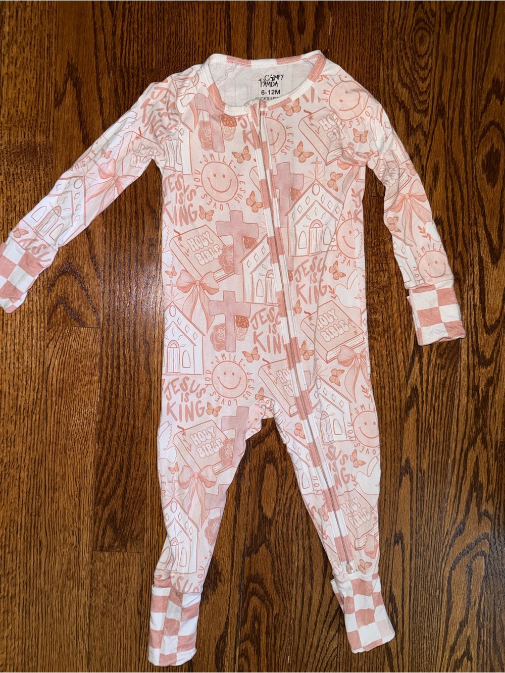 Cream and Pink Graphic Zip Footed Baby One-Piece by Primary